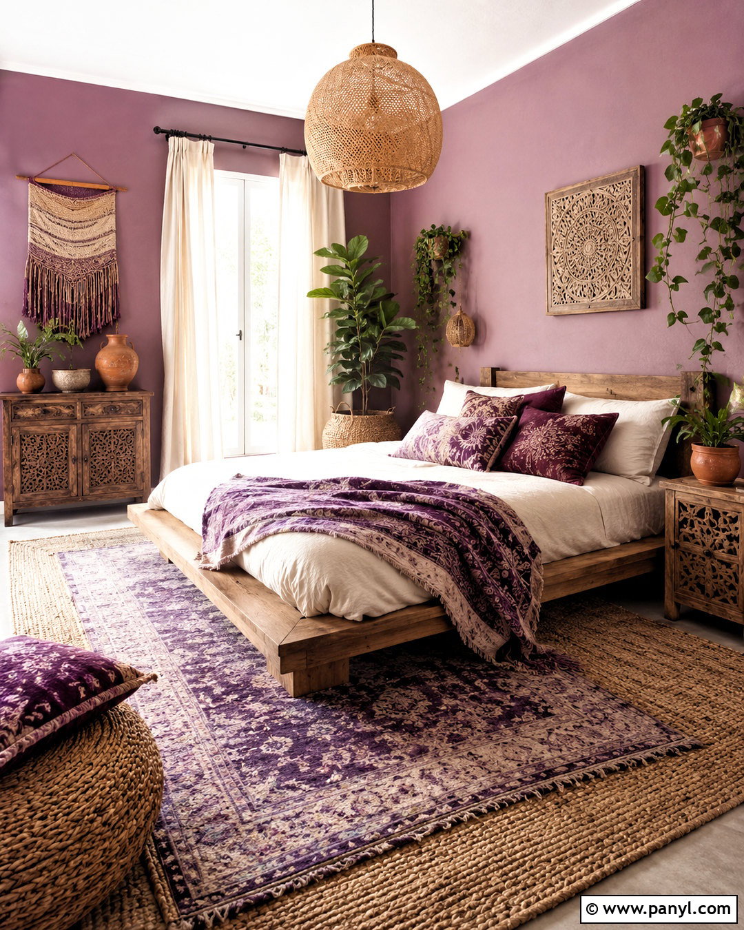 Purple Boho Room With Woven Decor - 20 purple themed room ideas