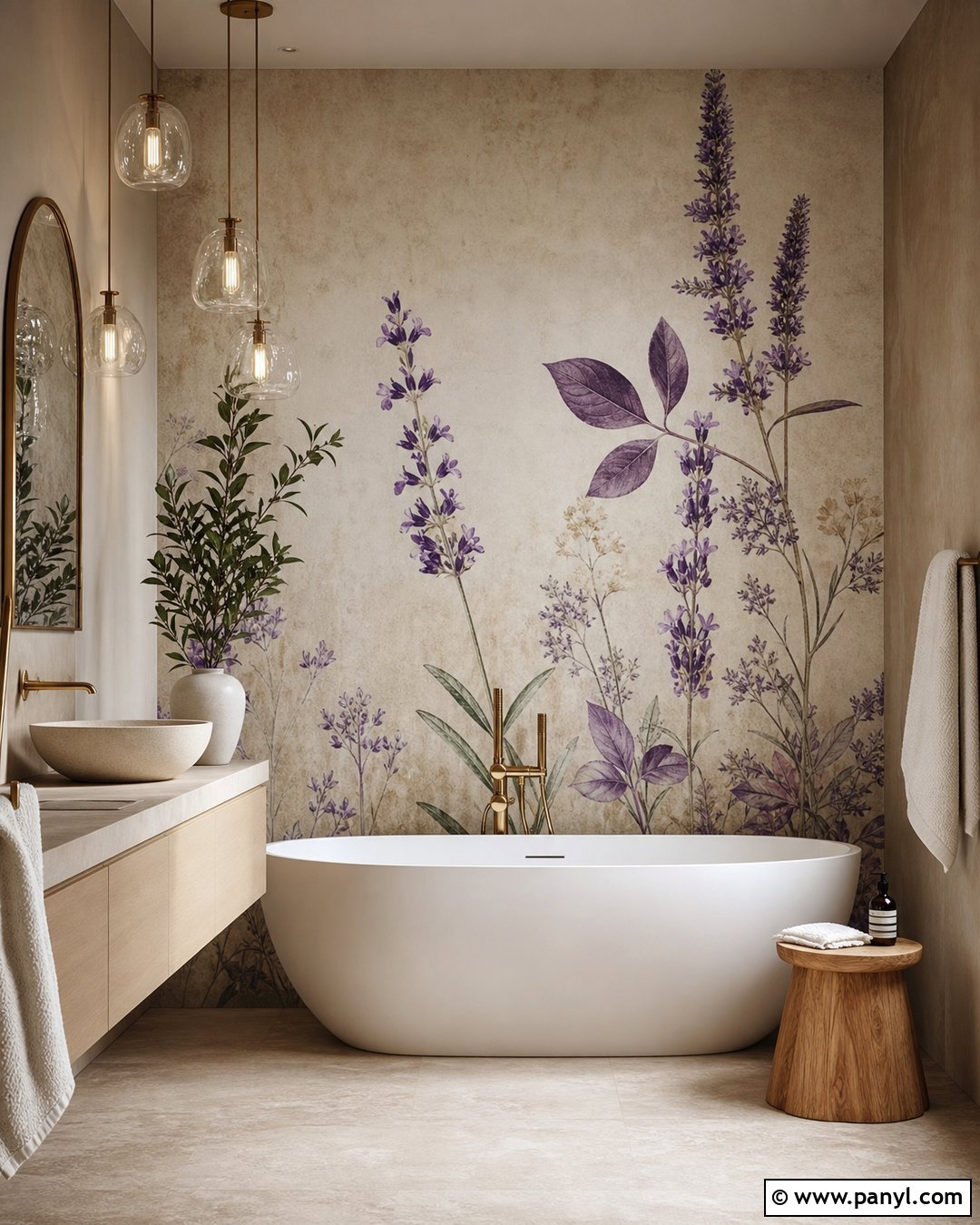 Purple Botanical Bathroom Mural - 20 Purple Patterned Bathroom Wall Ideas