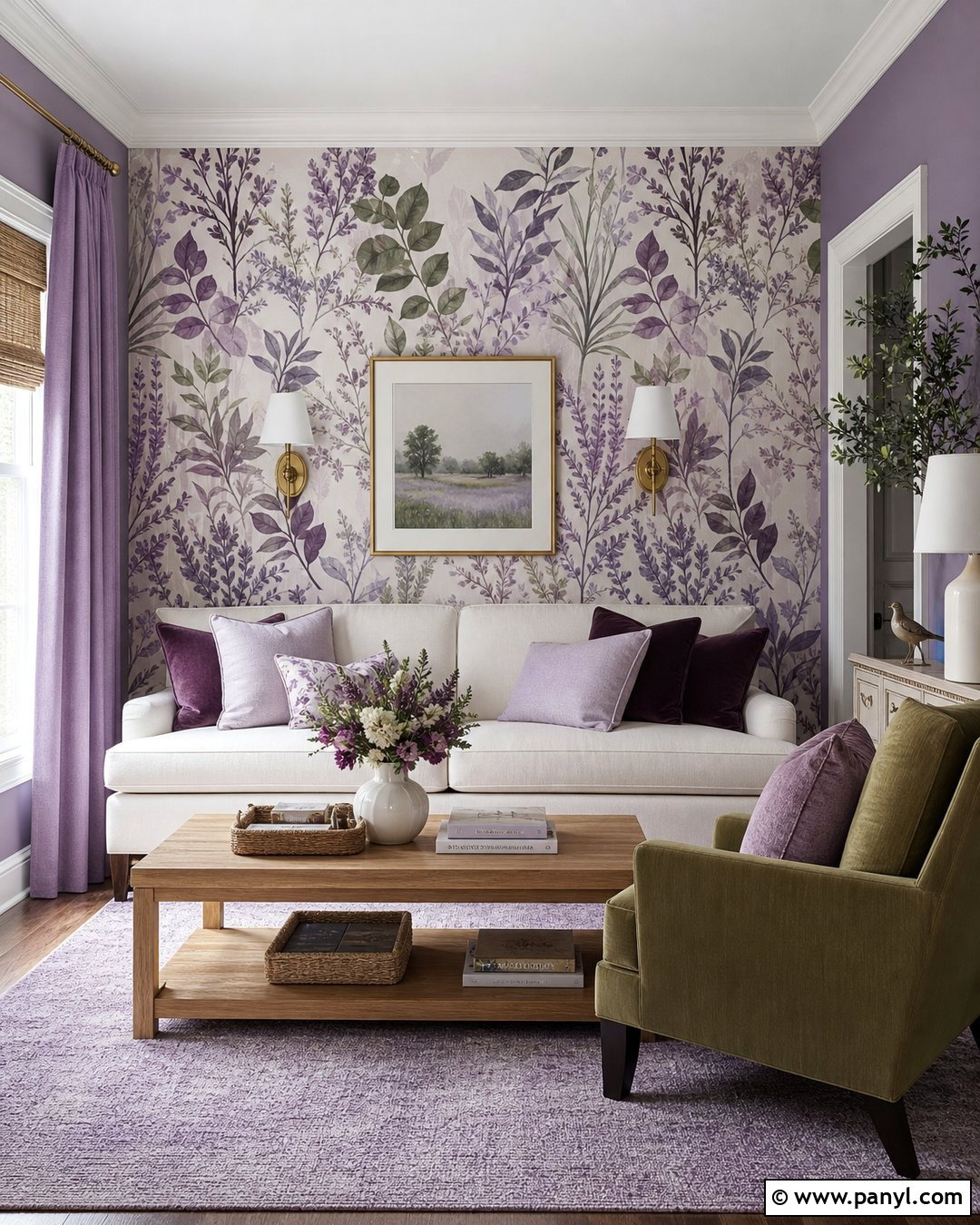 Purple Botanical Wallpaper Accent Wall Living Room - 30 Purple Accent Wall Living Room Ideas