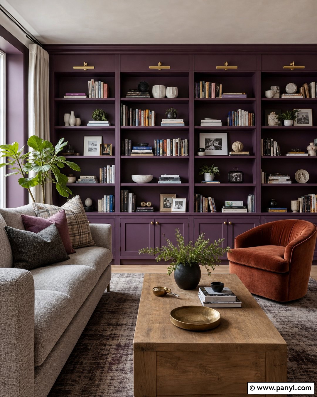 Purple Built-In Bookcase Accent Wall - 30 Purple Accent Wall Living Room Ideas