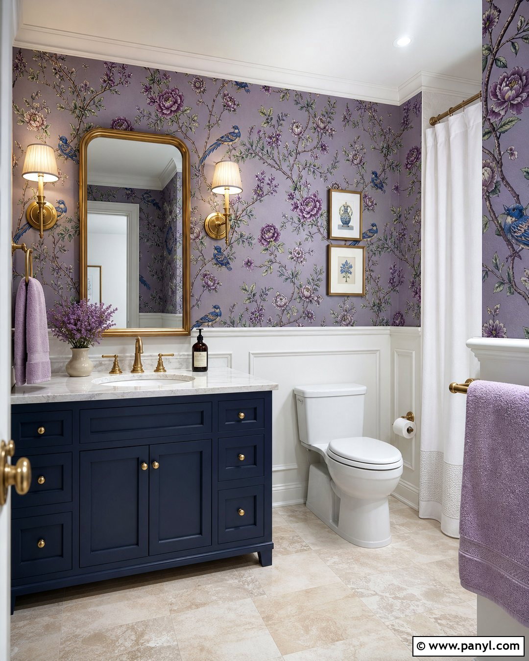 Purple Chinoiserie Bathroom Wallpaper - 20 Purple Patterned Bathroom Wall Ideas