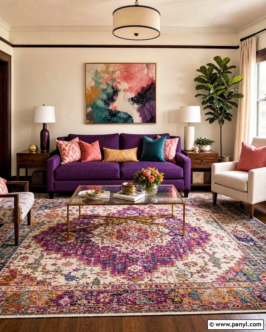 Purple Couch With A Colorful Rug - 20 purple couch living room decor ideas