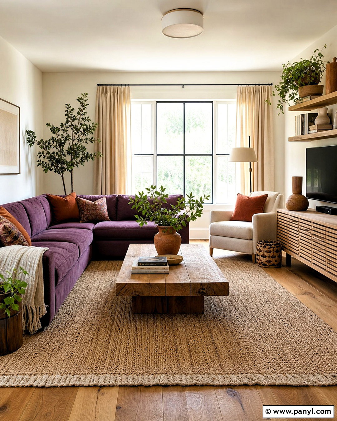 Purple Couch With Natural Wood Furniture - 20 purple couch living room decor ideas