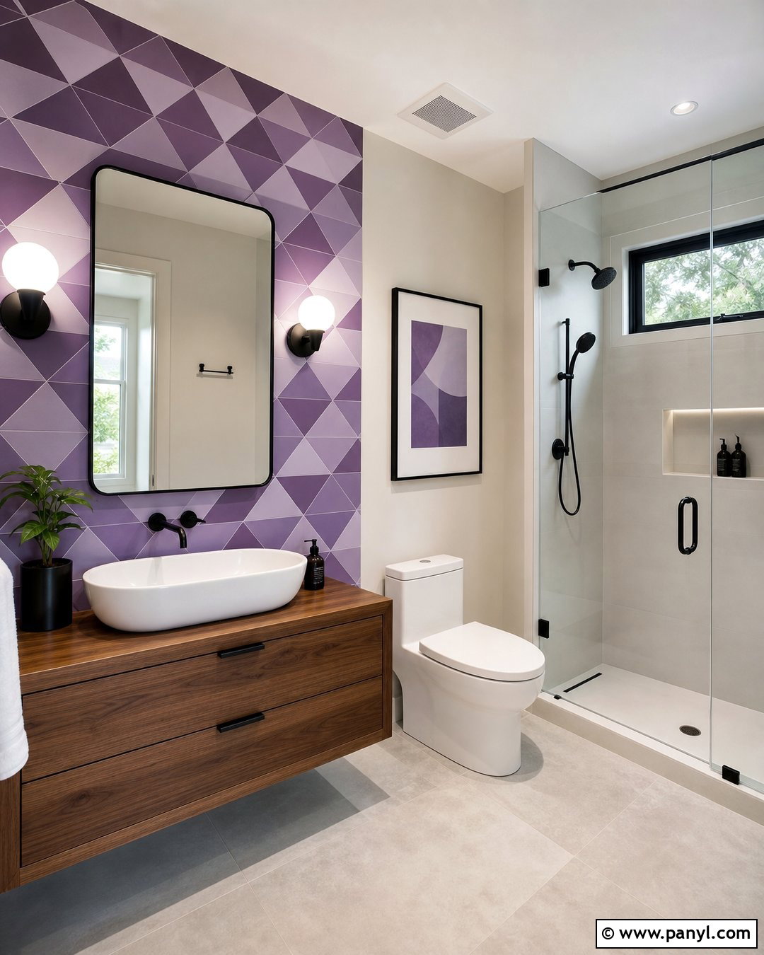 Purple Geometric Bathroom Tile Wall - 20 Purple Patterned Bathroom Wall Ideas