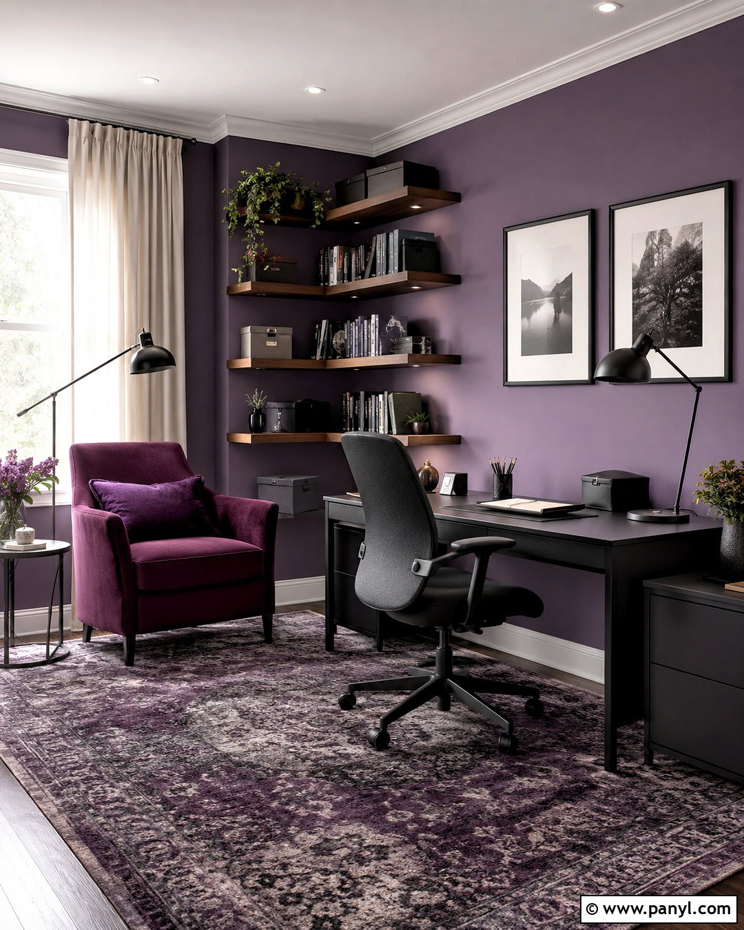 Purple Home Office With Black Furniture - 20 purple themed room ideas