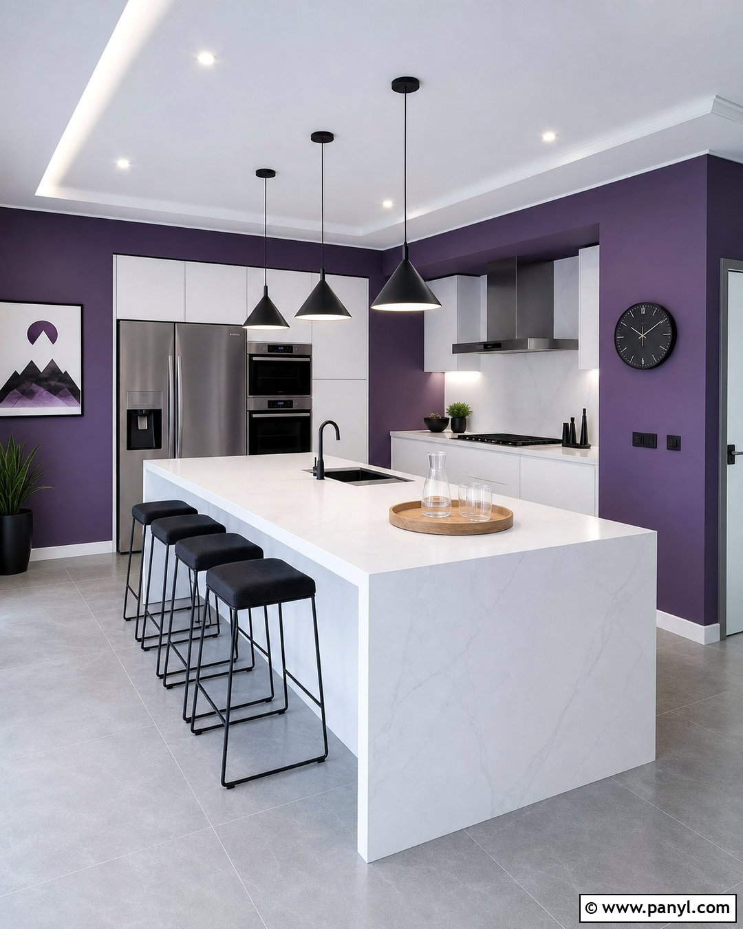 Purple Kitchen Walls With Modern White Cabinets - 35 purple kitchen walls