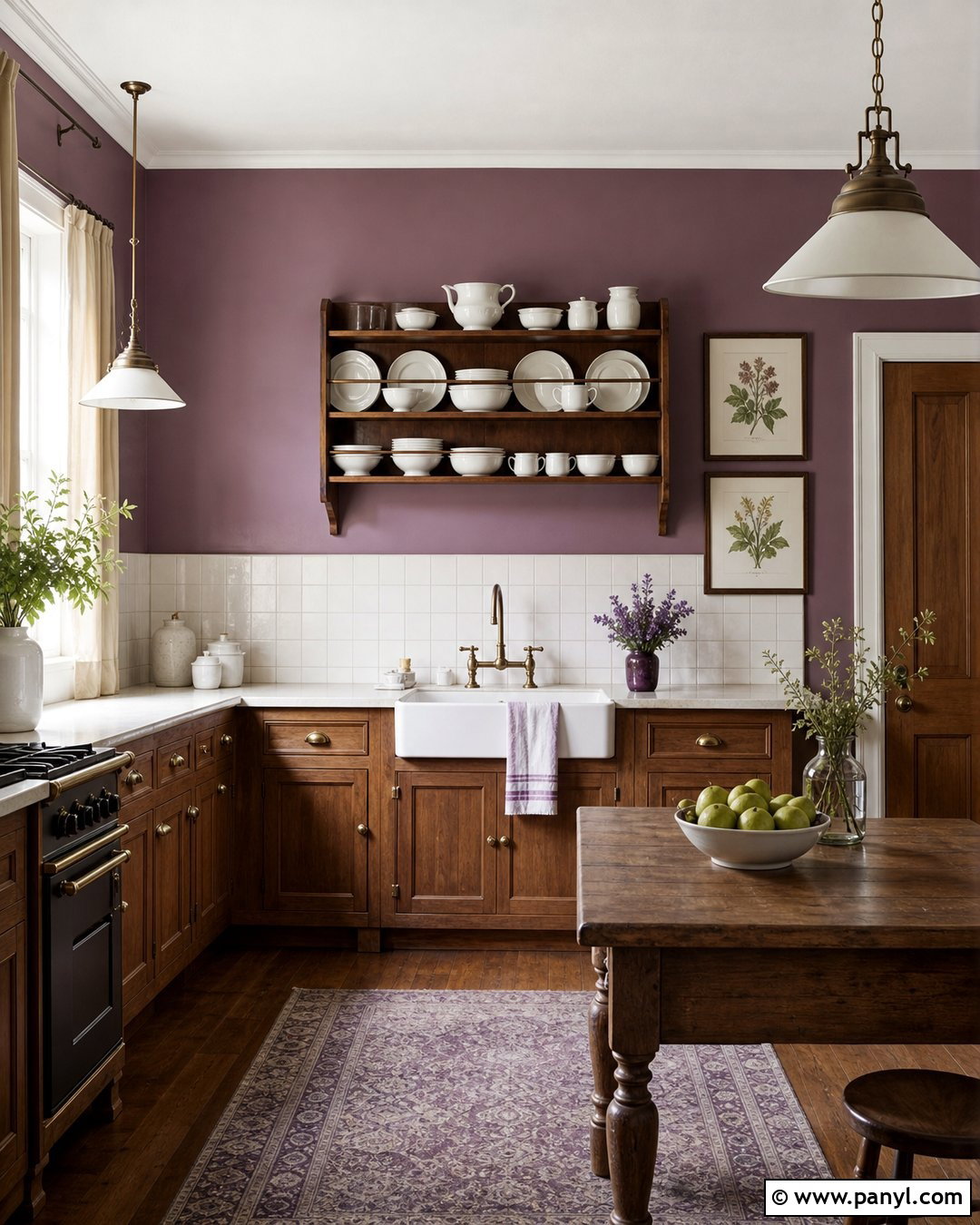 Purple Kitchen Walls With Vintage Wood Cabinets - 35 purple kitchen walls