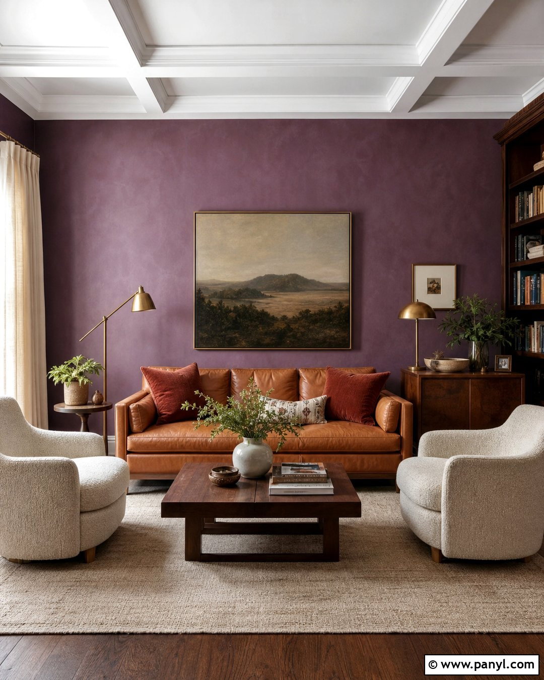 Purple Limewash Walls With Brown Leather - 30 Purple Limewash Walls