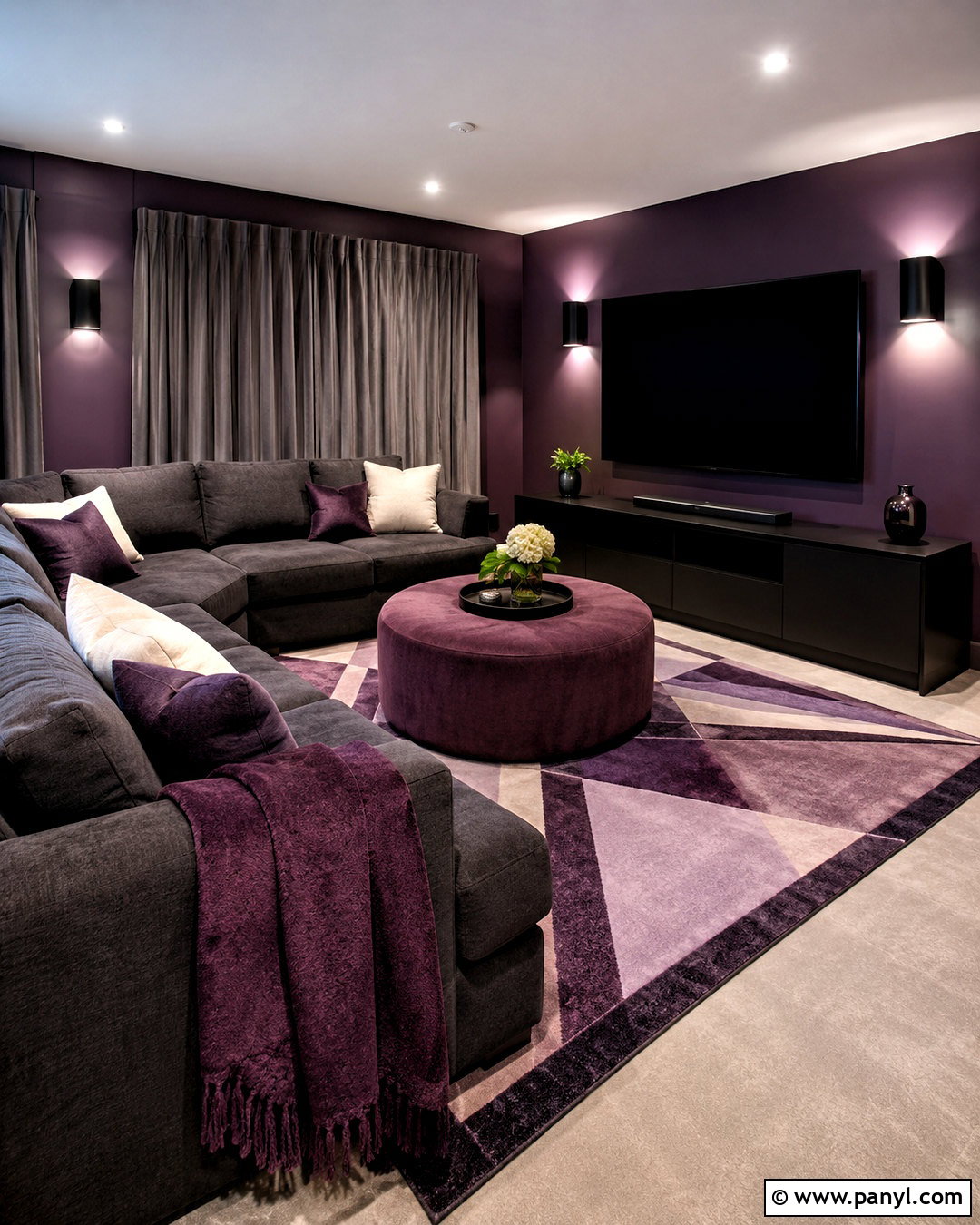 Purple Media Room With Gray Seating - 20 purple themed room ideas
