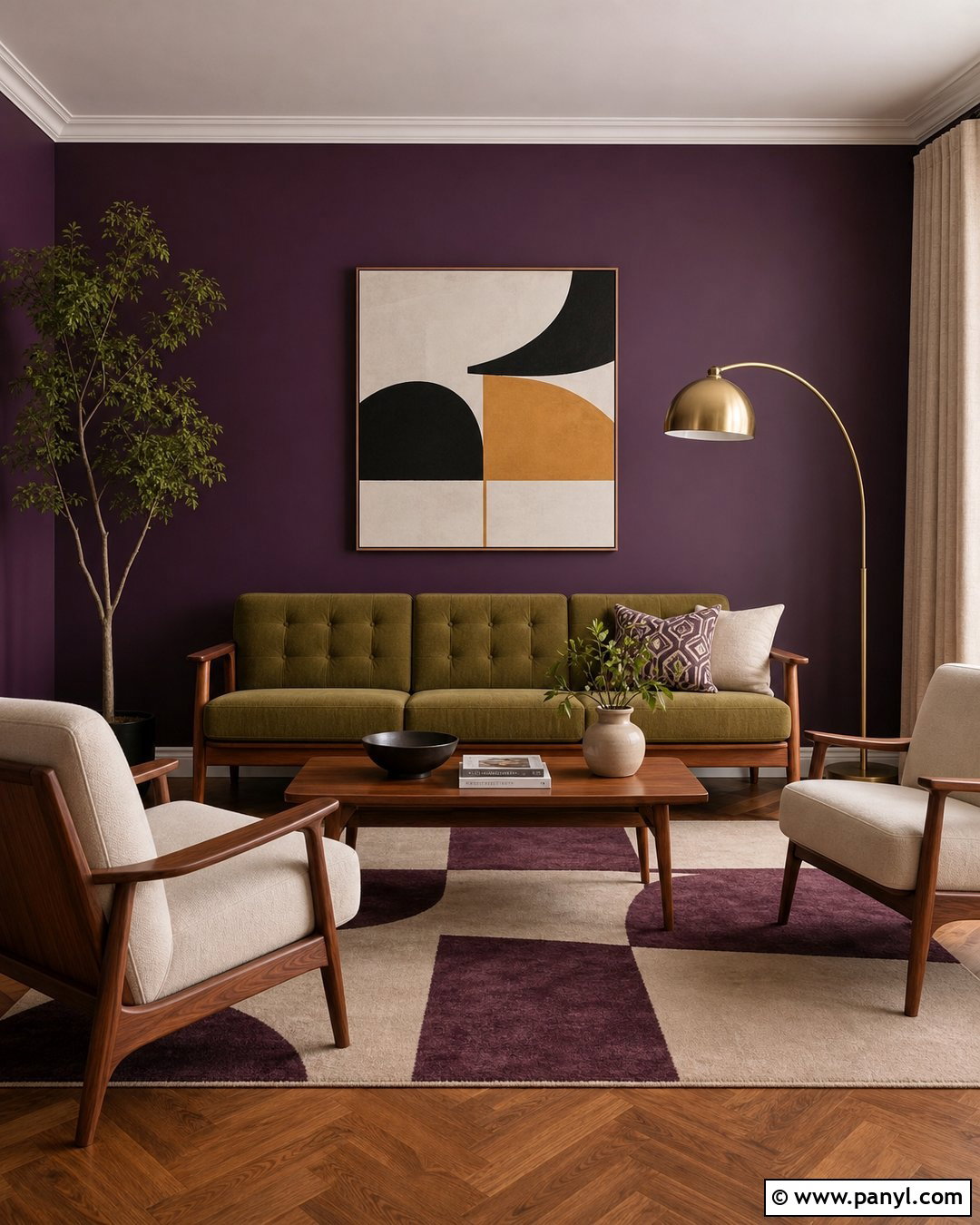 Purple Midcentury Living Room Wall - 45 Purple Wall Ideas