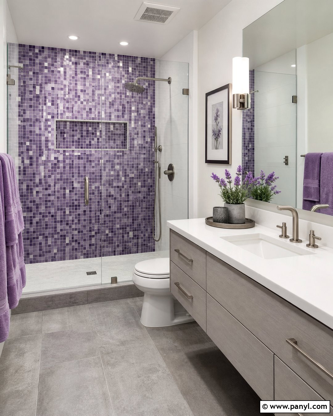 Purple Mosaic Shower Wall - 20 Purple Patterned Bathroom Wall Ideas