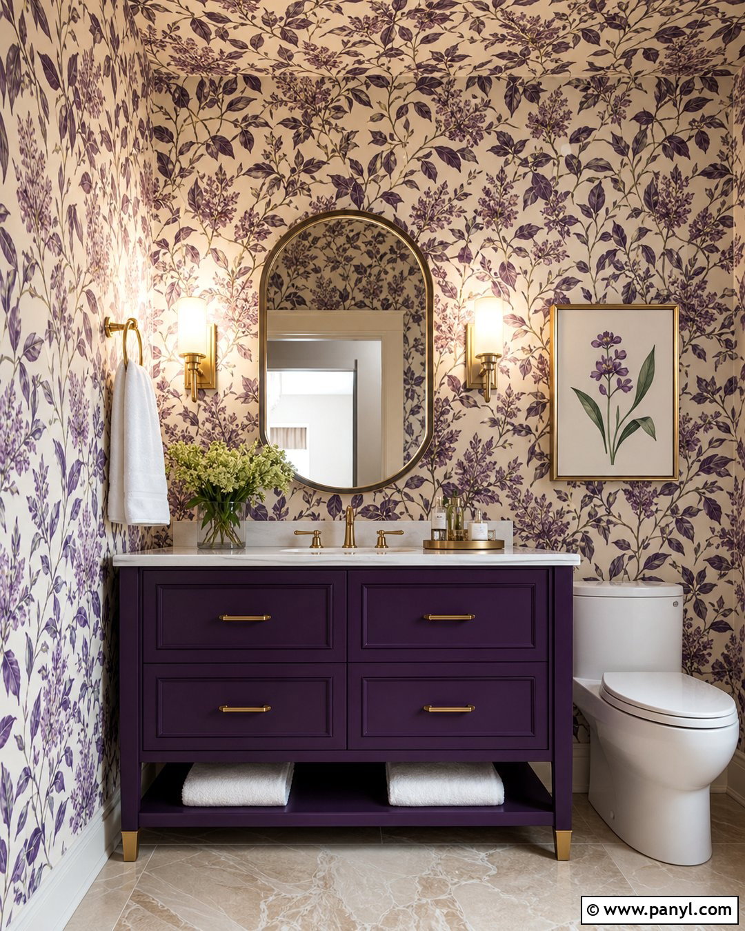 Purple Pattern Drenched Bathroom - 20 Purple Patterned Bathroom Wall Ideas