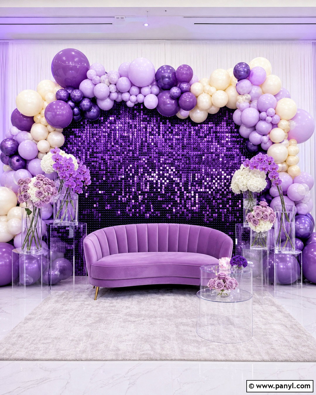 Purple Sequin Wall Backdrop With Lavender Balloons - 20 sequin wall backdrop ideas