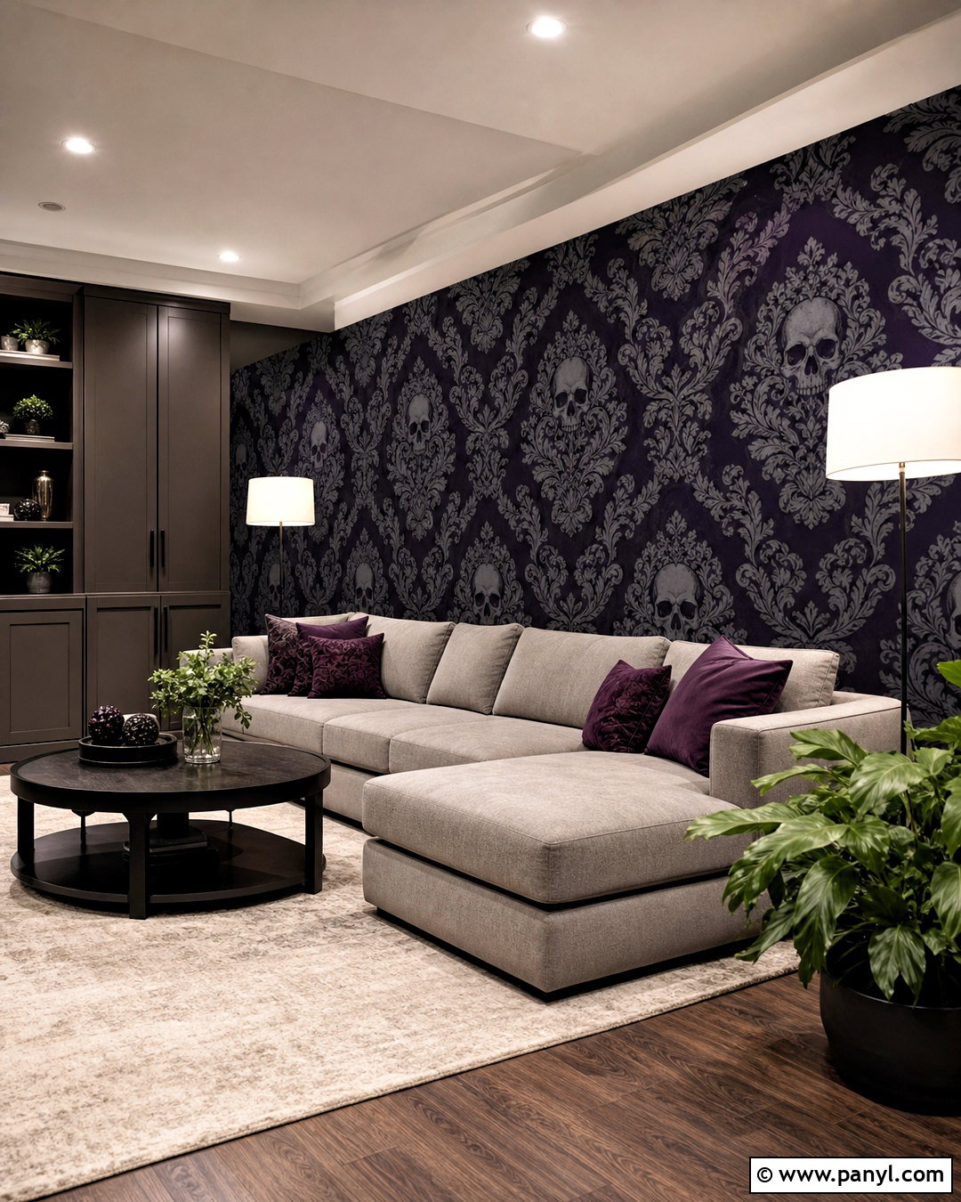 Purple Skull Damask Basement Lounge - 20 skull damask-purple custom wallpaper ideas