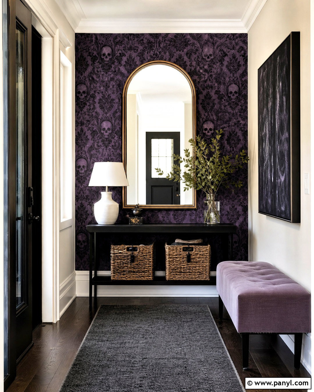 Purple Skull Damask Entryway - 20 skull damask-purple custom wallpaper ideas
