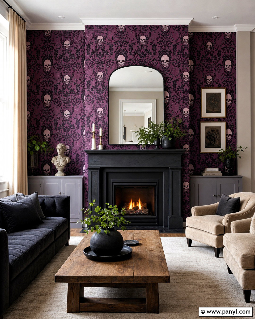 Purple Skull Damask Fireplace Wall - 20 skull damask-purple custom wallpaper ideas