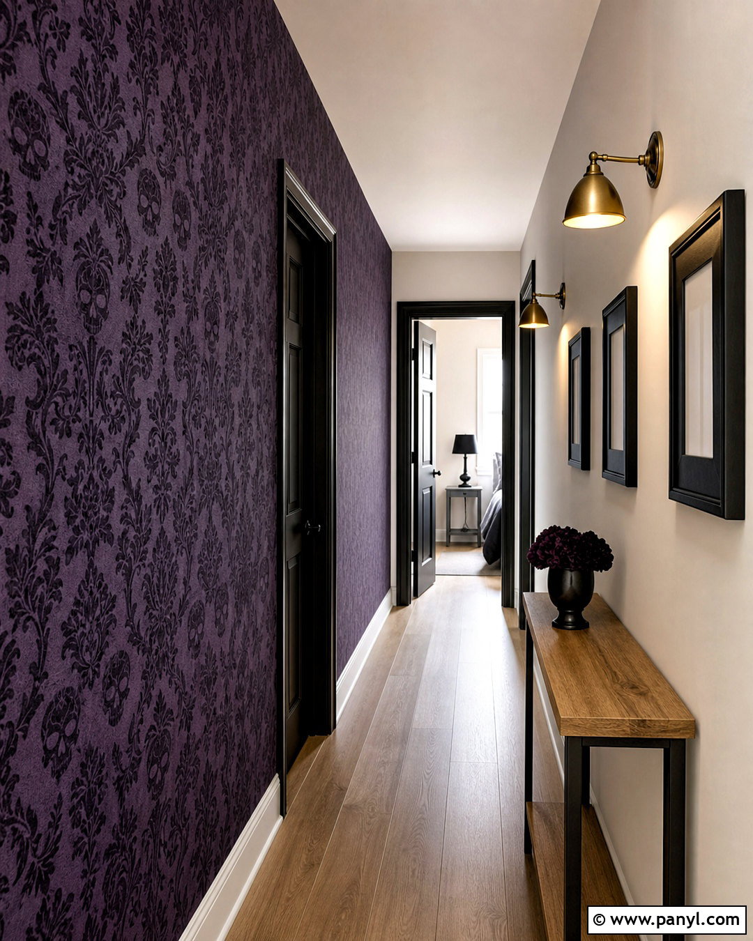 Purple Skull Damask Hallway - 20 skull damask-purple custom wallpaper ideas