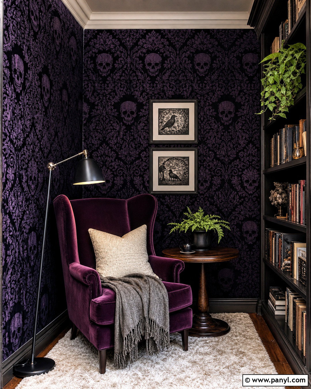 Purple Skull Damask Reading Nook - 20 skull damask-purple custom wallpaper ideas