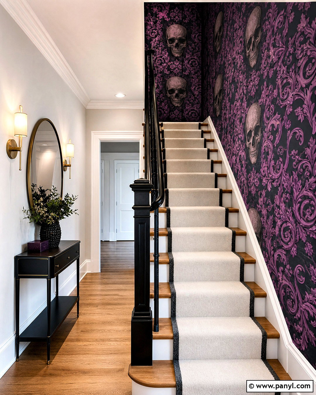 Purple Skull Damask Staircase - 20 skull damask-purple custom wallpaper ideas