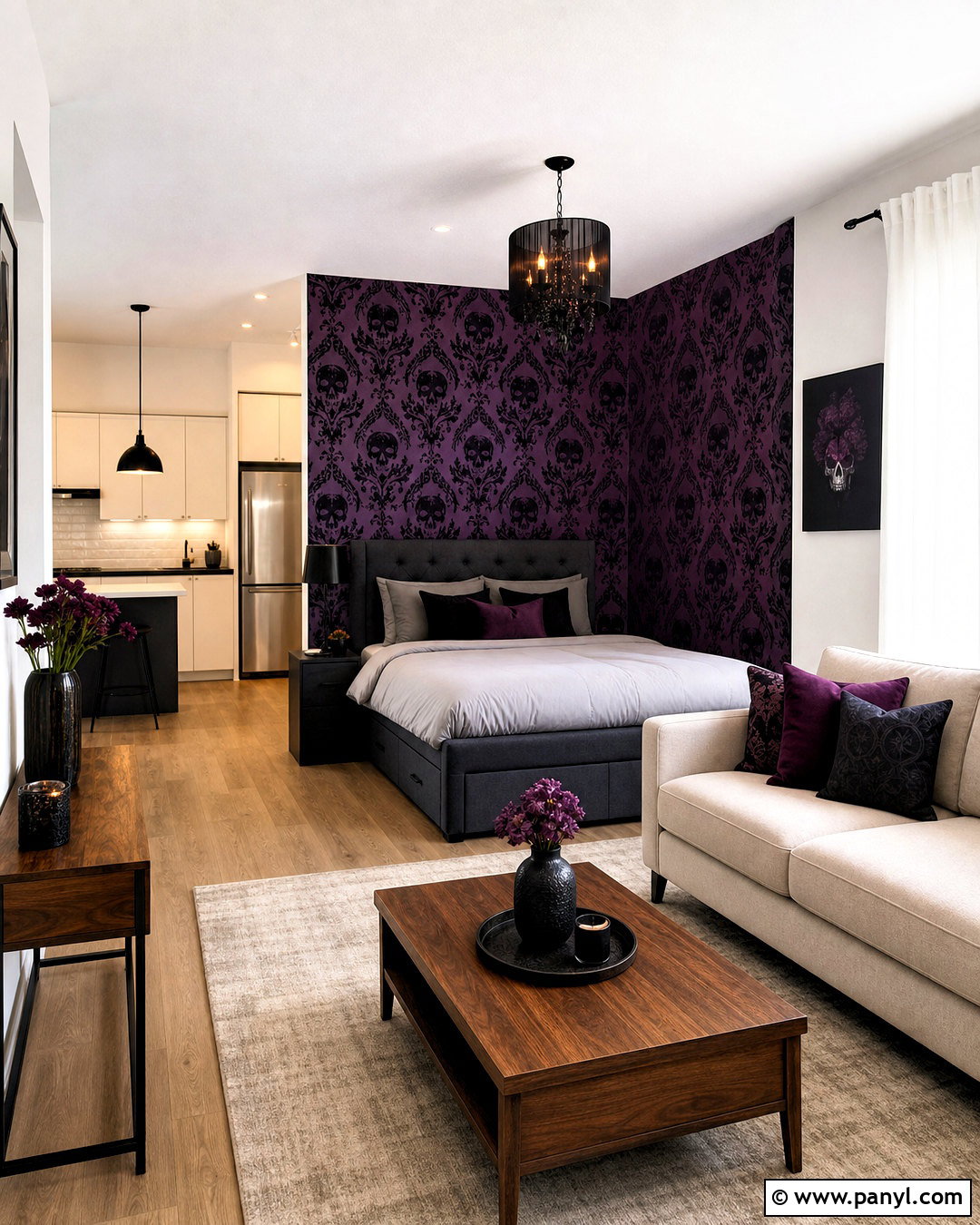 Purple Skull Damask Studio Apartment - 20 skull damask-purple custom wallpaper ideas