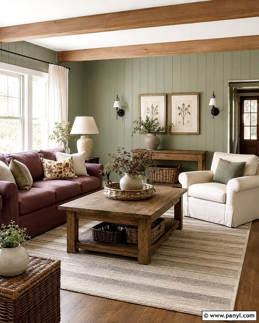 Purple Sofa With Sage Green Shiplap Walls - 20 Purple Sofa Green Walls