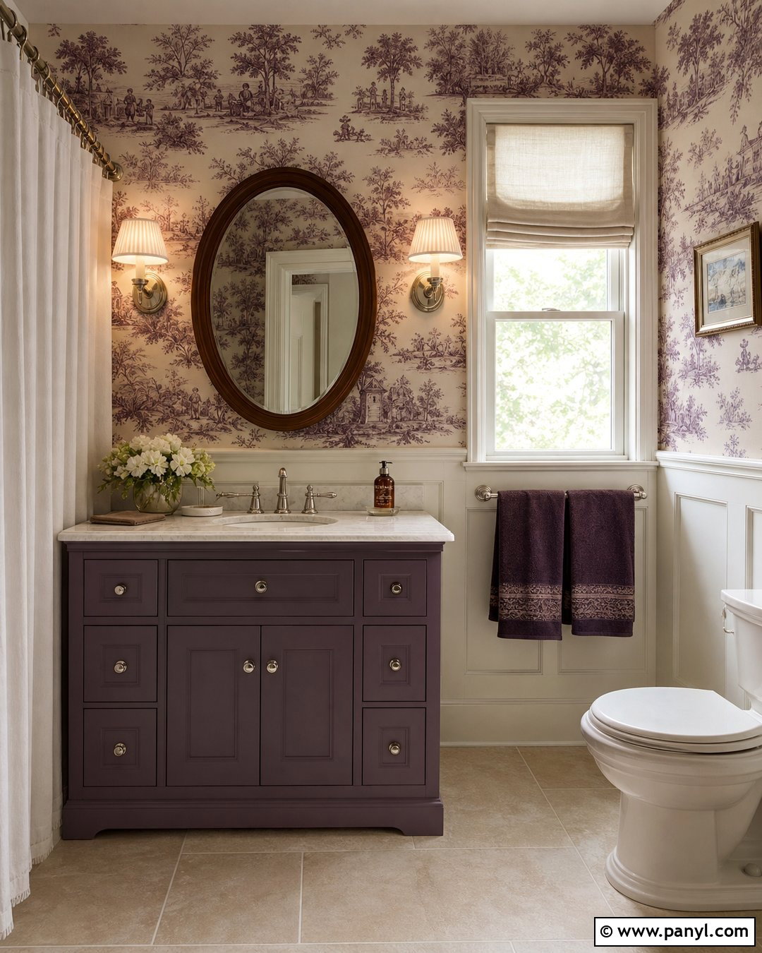 Purple Toile Bathroom Wallpaper - 20 Purple Patterned Bathroom Wall Ideas