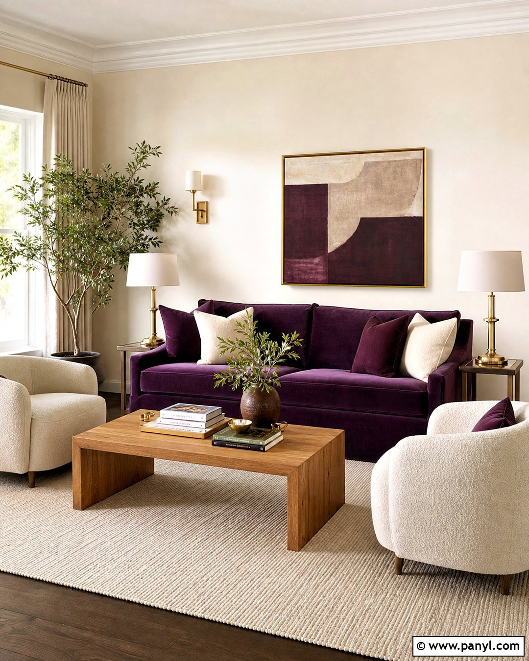 Purple Velvet Sofa With Cream Walls - 20 purple sofa living room ideas