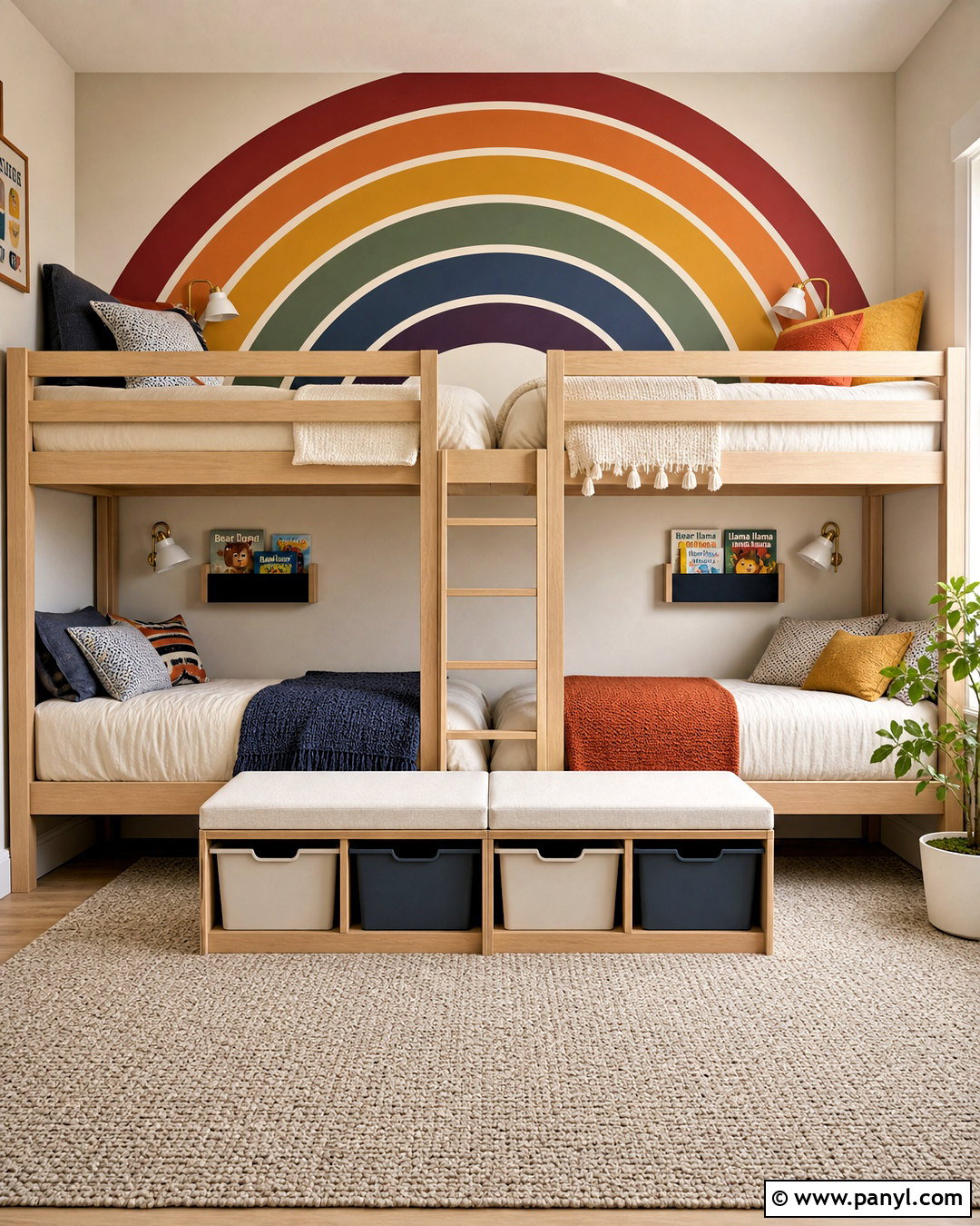 Rainbow Behind Bunk Beds - 20 rainbow mural kids room diy ideas