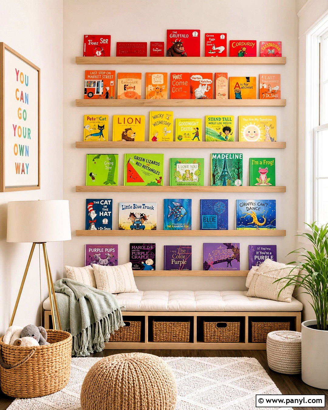 Rainbow Book Ledge Wall - 20 rainbow wall decor ideas