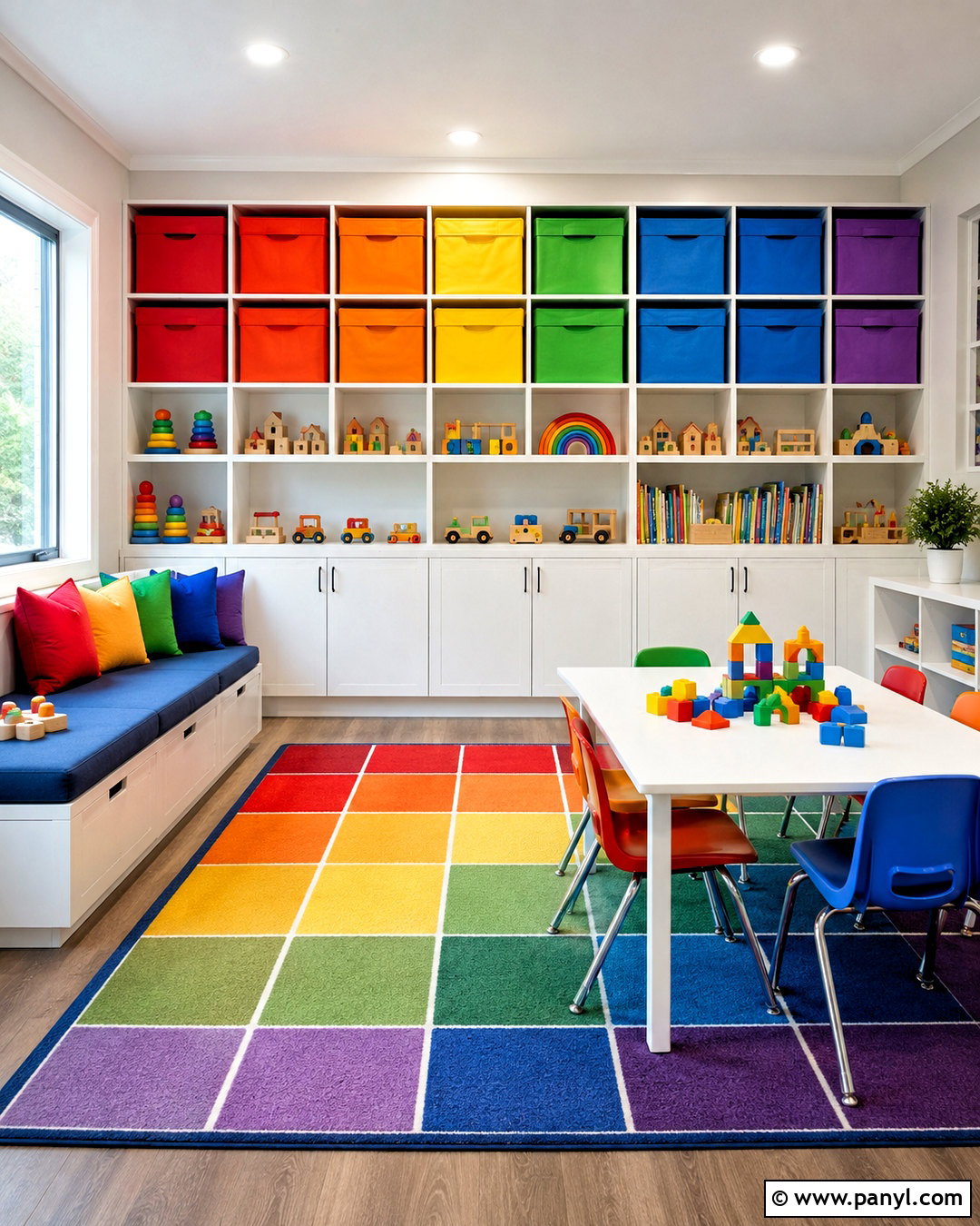 Rainbow Playroom Storage Wall - 20 rainbow playroom ideas