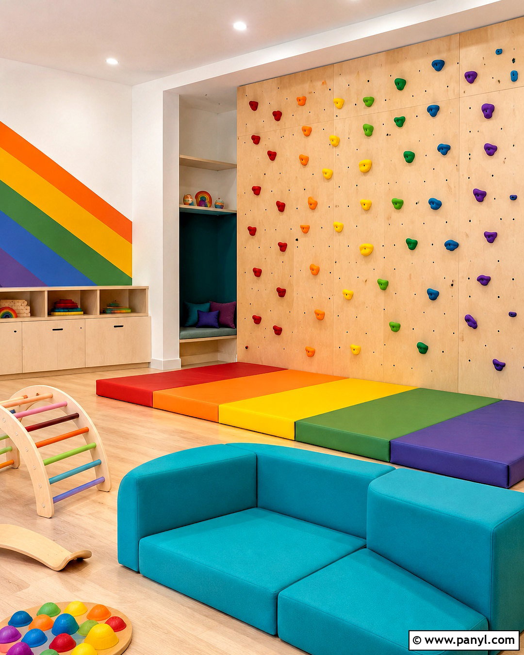 Rainbow Playroom With A Climbing Wall - 20 rainbow playroom ideas