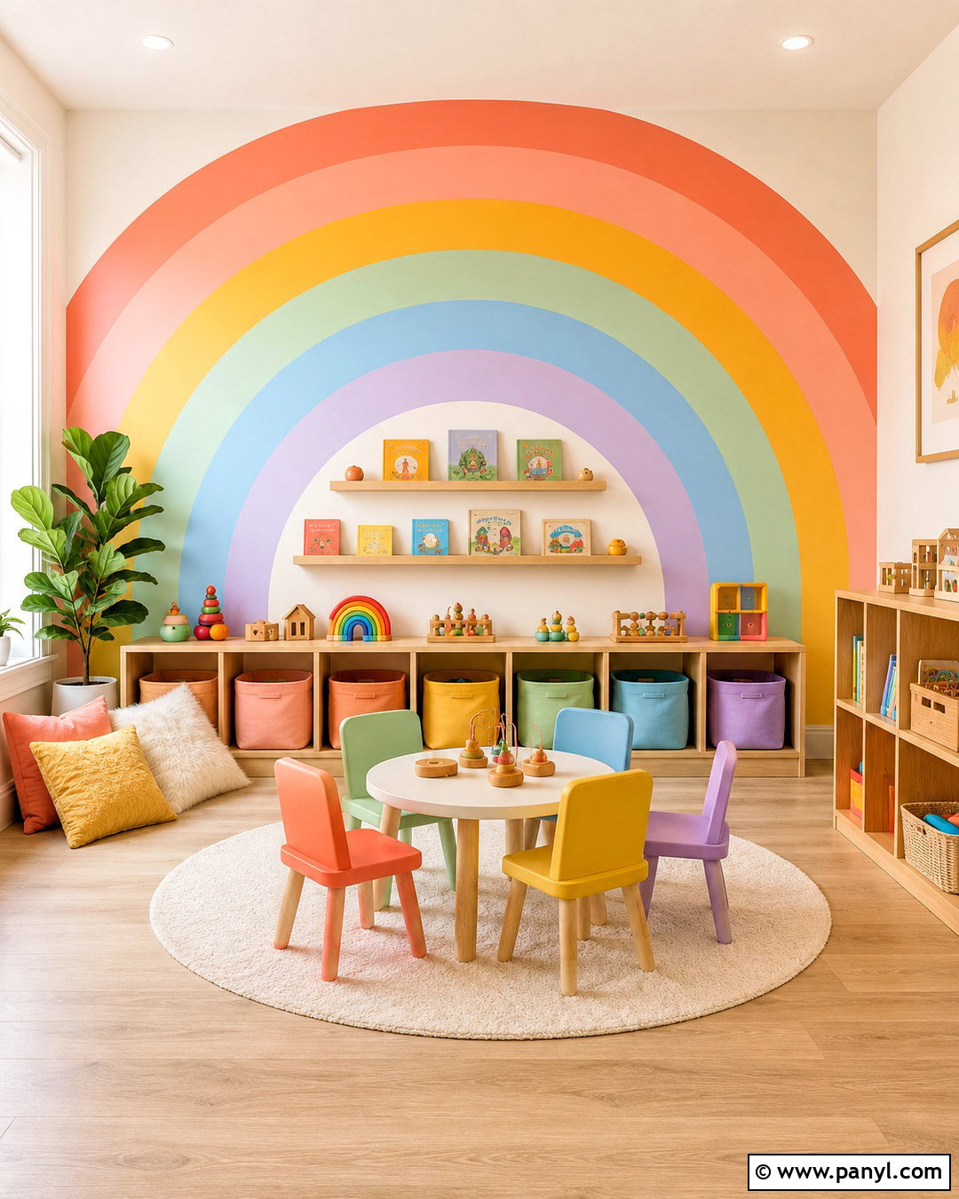 Rainbow Playroom With A Wall Mural - 20 rainbow playroom ideas