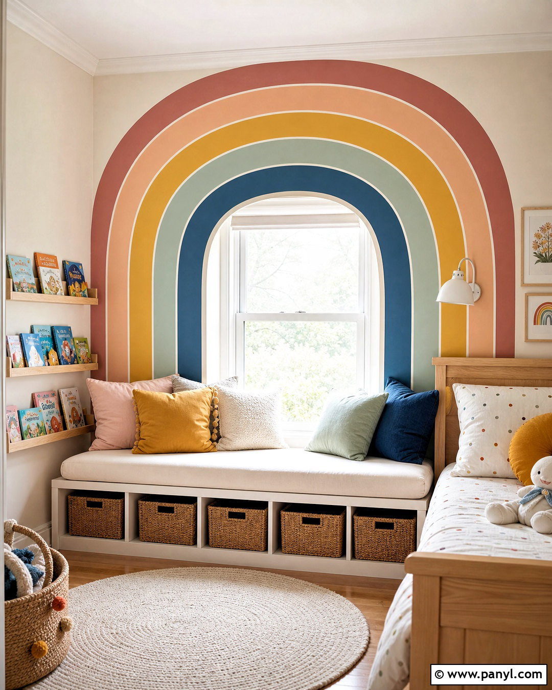 Rainbow Reading Nook Mural - 20 rainbow mural kids room diy ideas