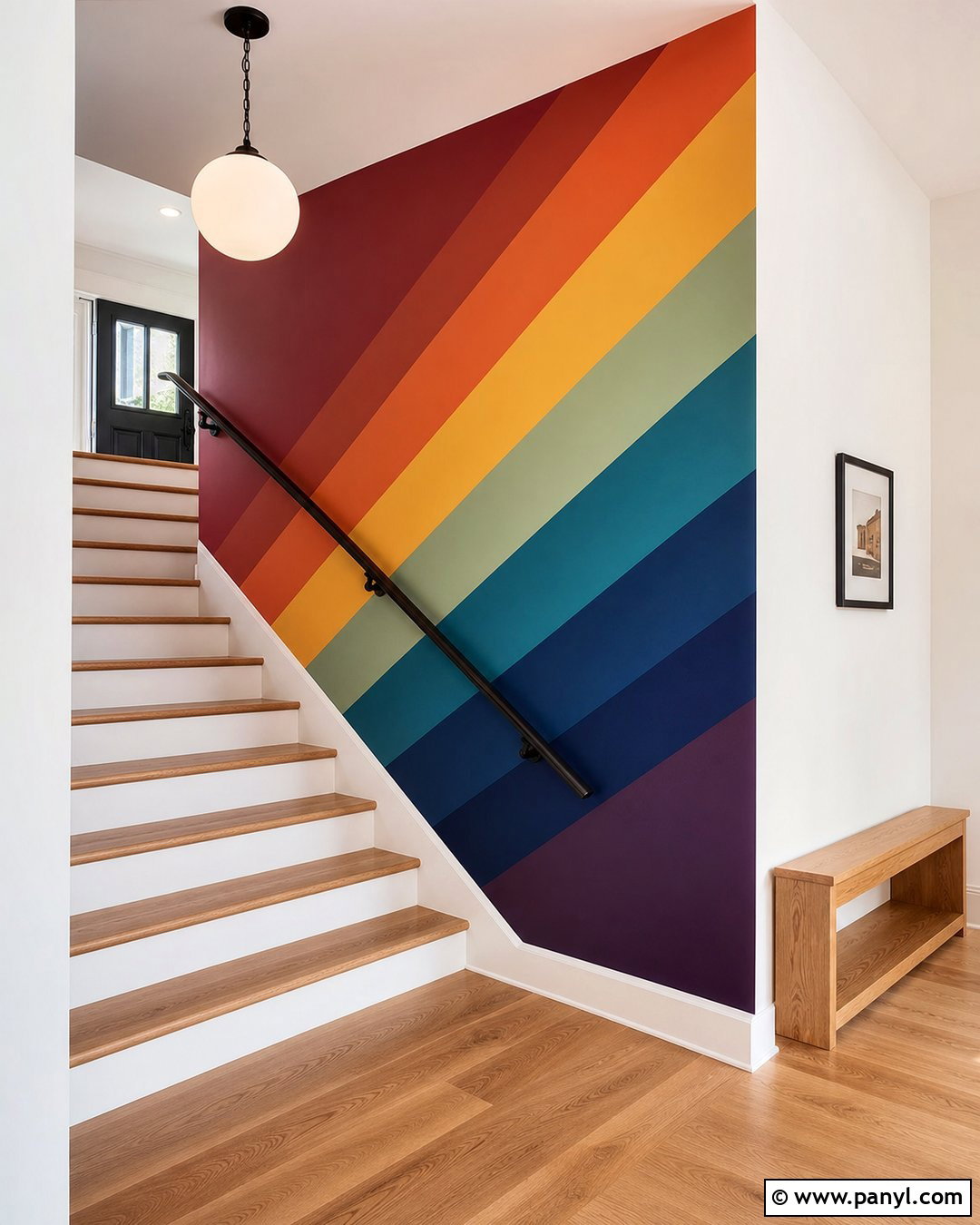 Rainbow Stripe Wall In Stairway - 30 Rainbow Stripe Wall Ideas