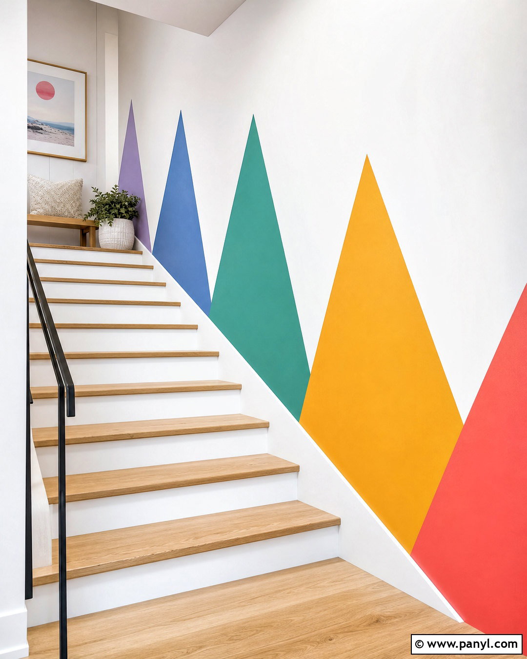 Rainbow Triangle Wall Stairway - 20 triangle painted wall ideas