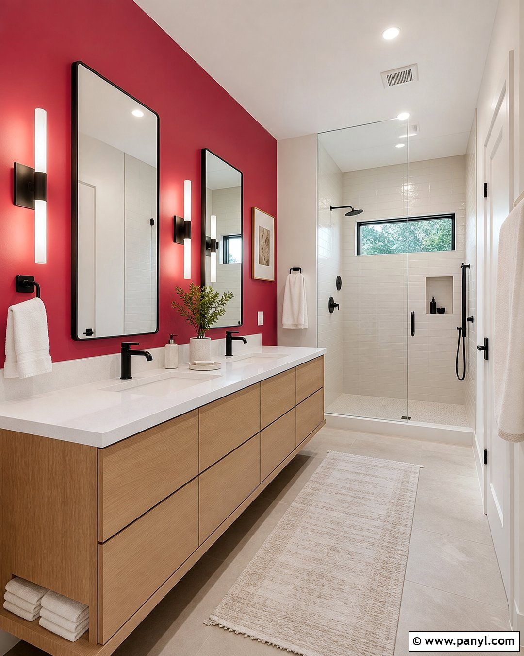 Raspberry Pink Accent Wall With White Oak - 20 Modern Bathroom With Pink Accent Wall Ideas