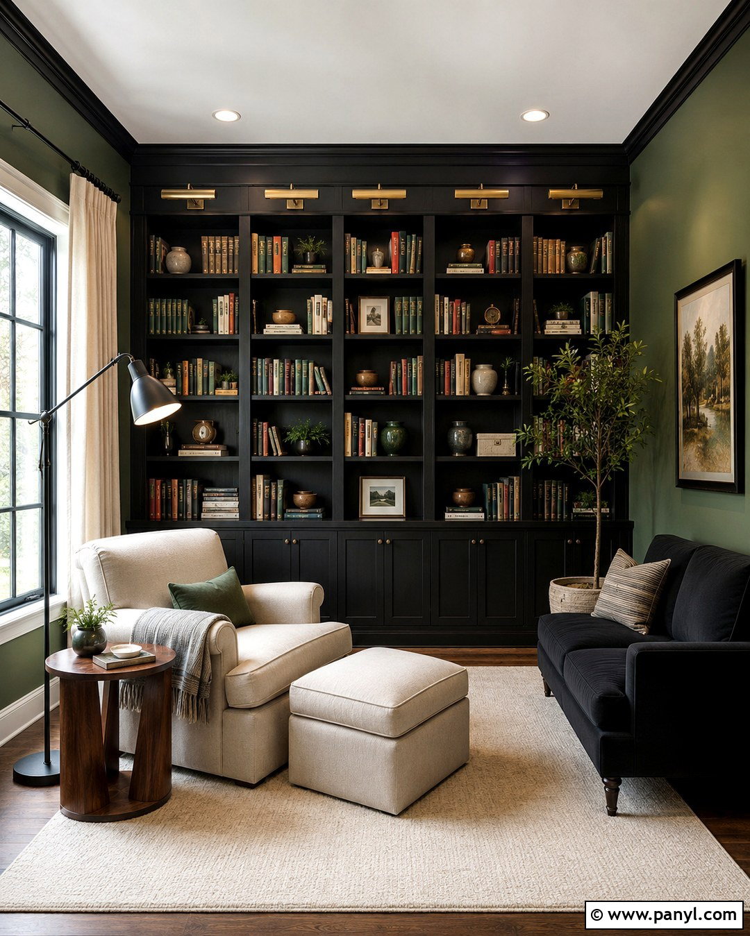 Reading Room With Sage Green Walls And Black Bookcases - 20 Sage Green Walls With Black Furniture Ideas