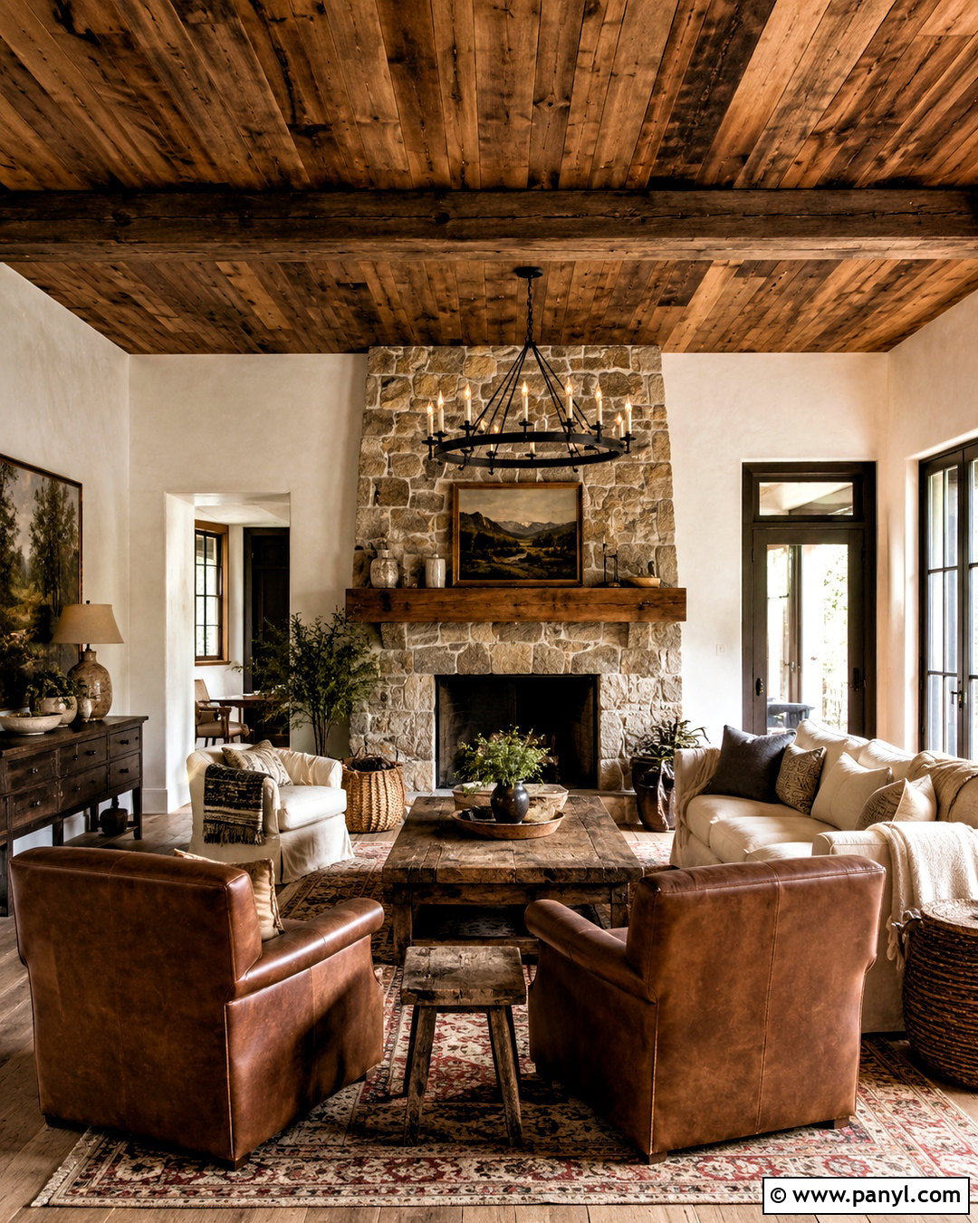 Reclaimed Brown Wood Ceiling With Rustic Decor - 20 brown ceiling living room ideas