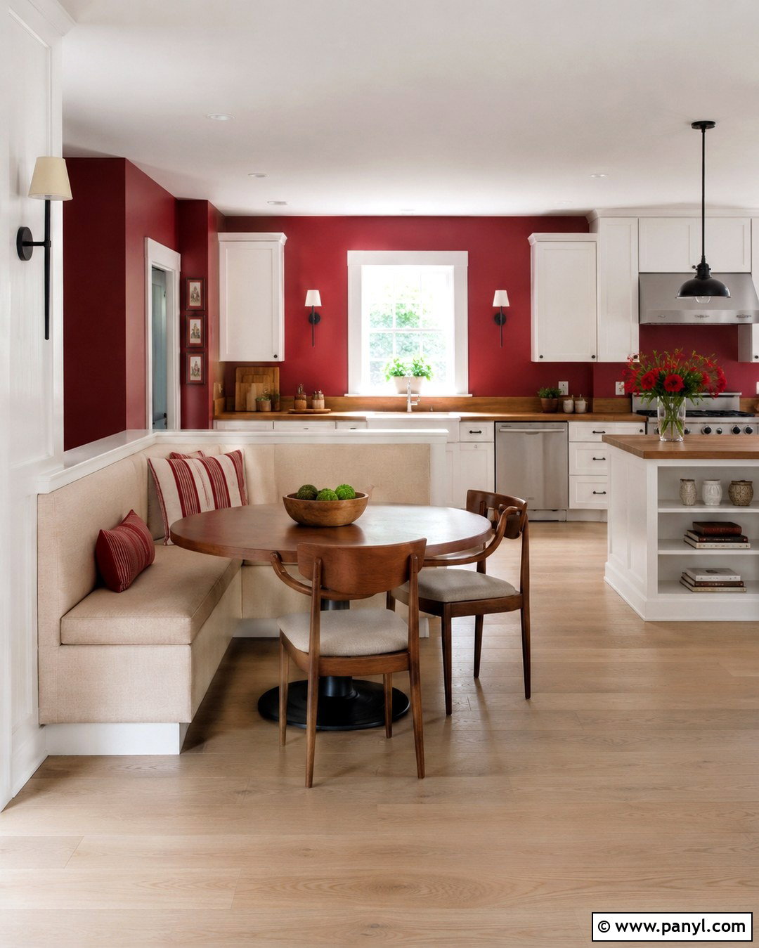 Red Accent Wall Kitchen Behind A Dining Nook - 20 Red Accent Wall Kitchen Ideas