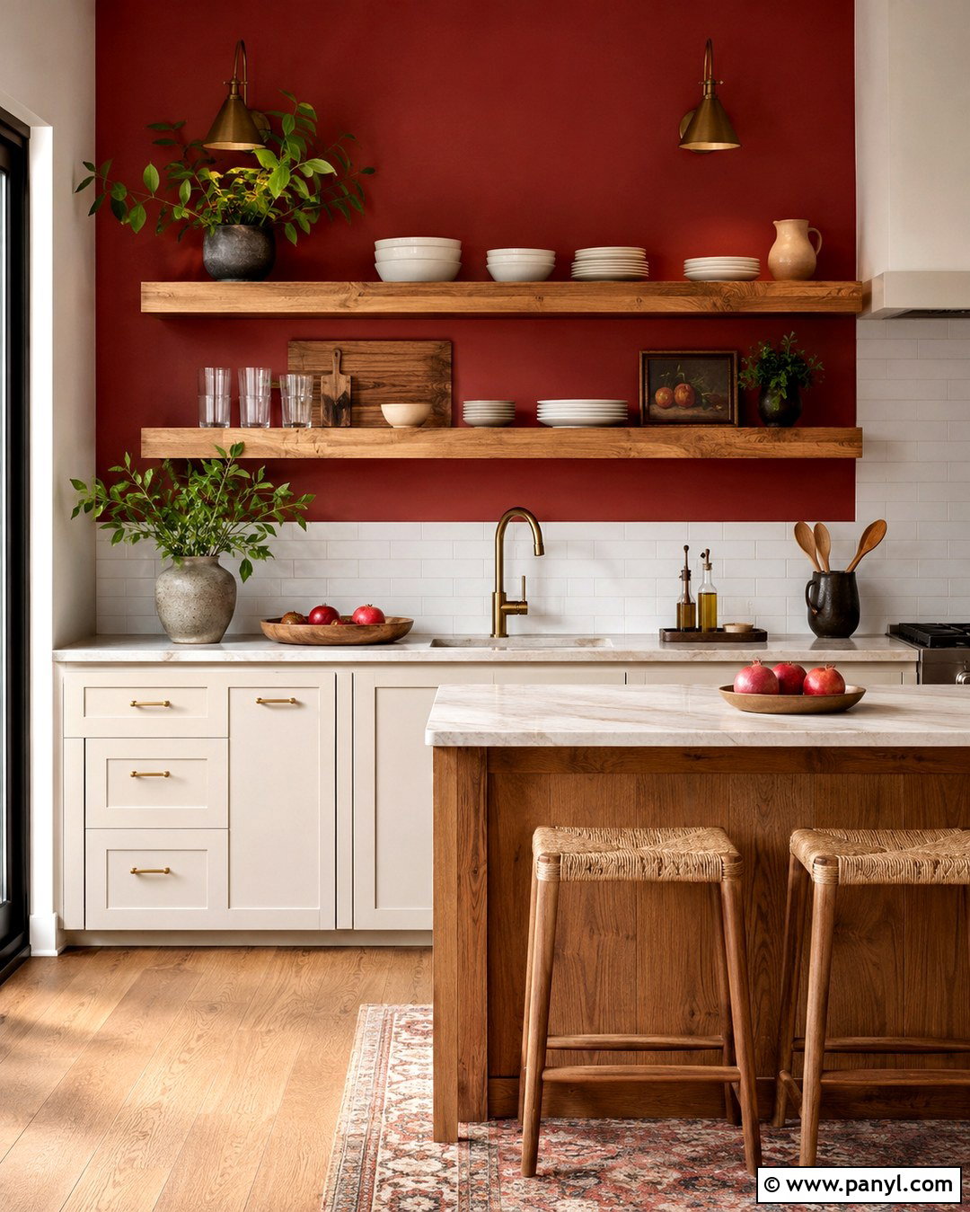 Red Accent Wall Kitchen With Open Shelving - 20 Red Accent Wall Kitchen Ideas