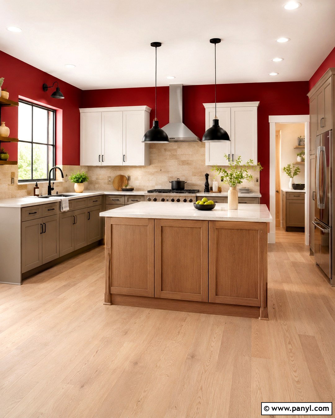 Red Accent Wall Kitchen With Two Tone Cabinets - 20 Red Accent Wall Kitchen Ideas