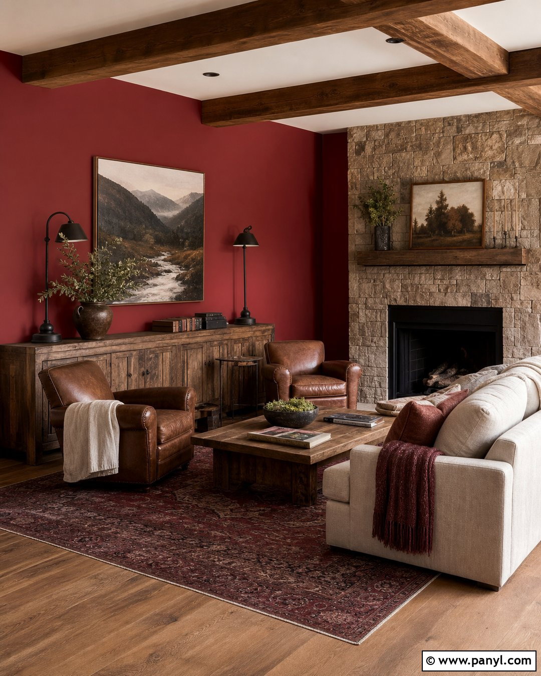 Red Accent Wall Rustic Living Room - 25 Red Accent Walls