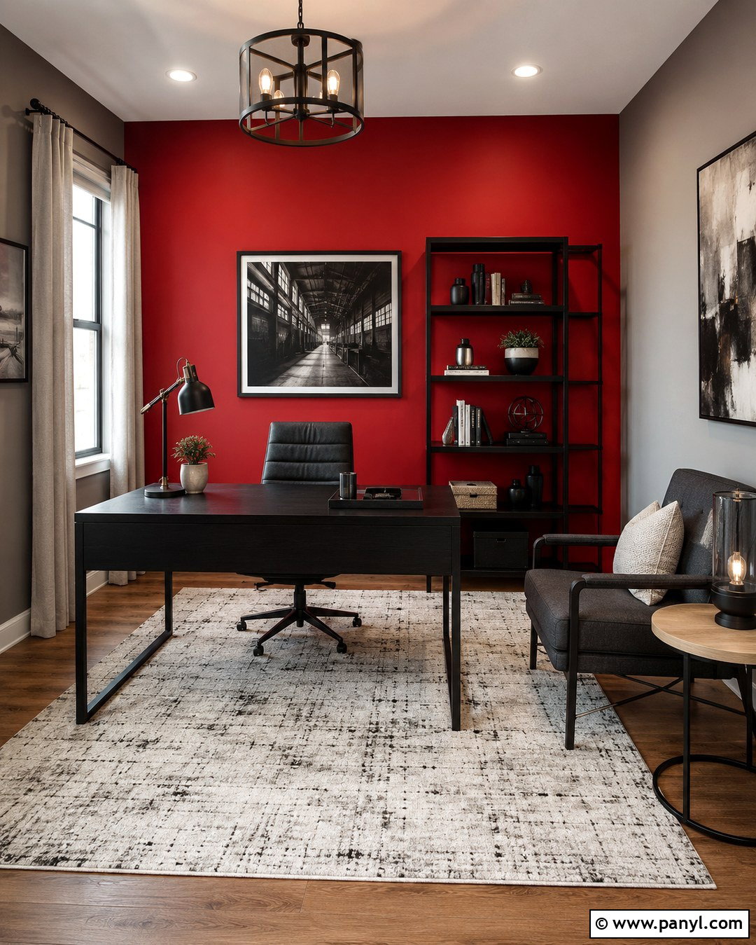 Red Accent Wall With Black Furniture - 20 Red Accent Wall Office Ideas