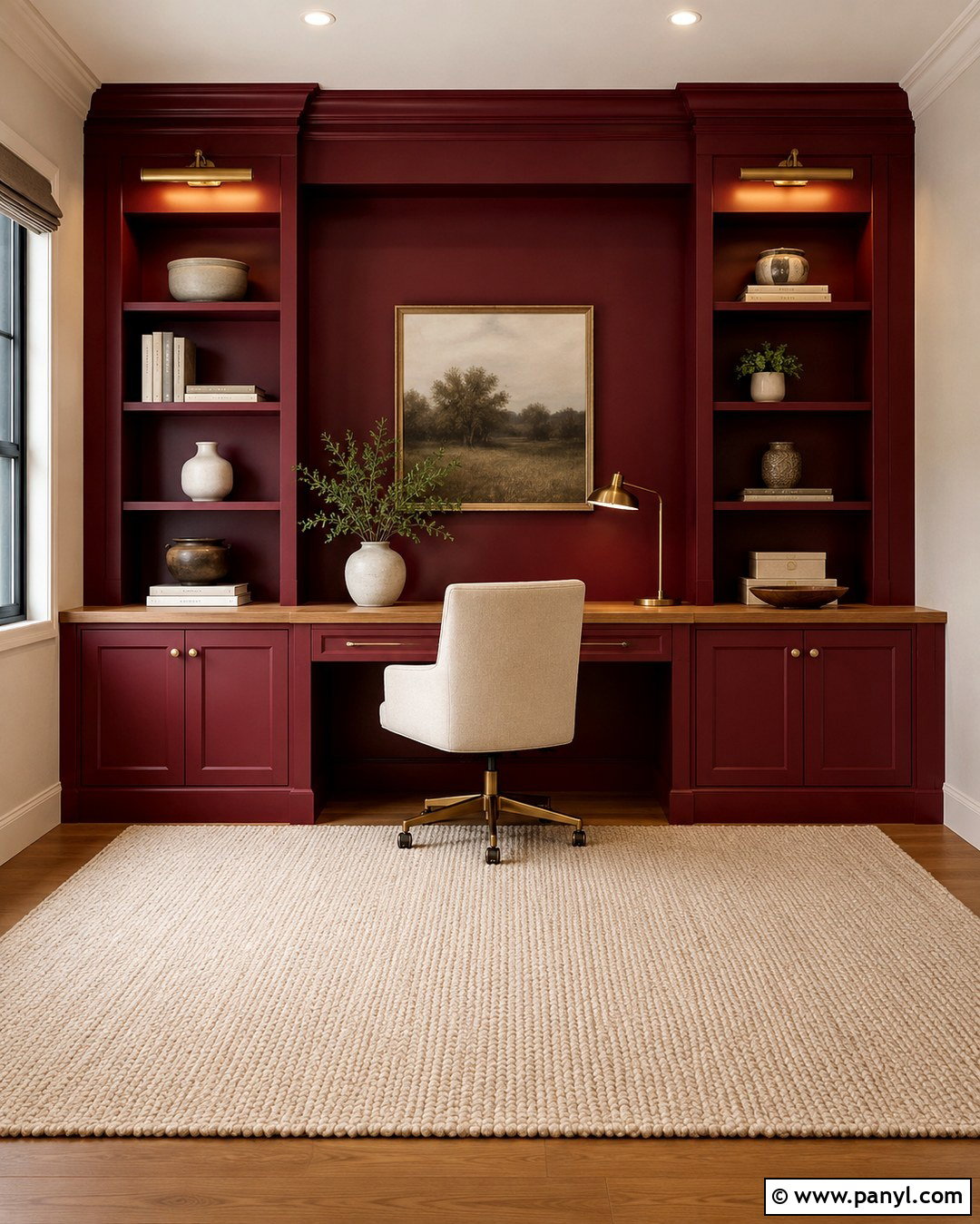 Red Accent Wall With Built-In Shelves - 20 Red Accent Wall Office Ideas