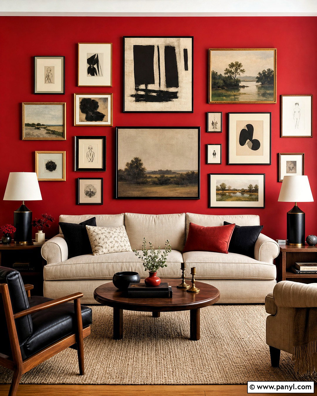 Red Accent Wall With Gallery Art - 20 red accent wall living room ideas