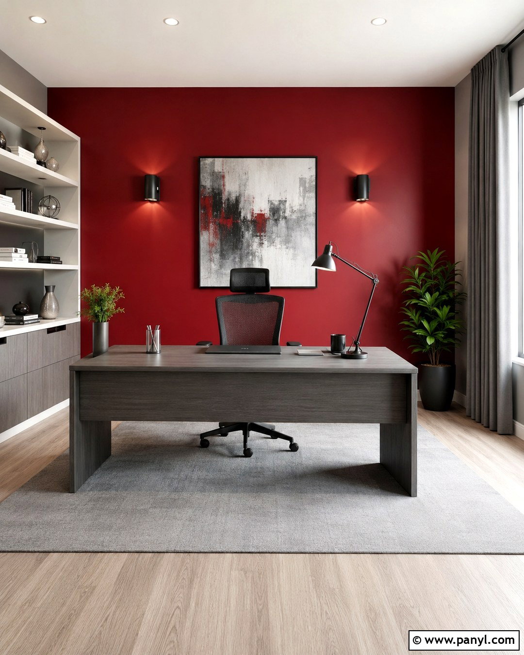 Red Accent Wall With Gray Decor - 20 Red Accent Wall Office Ideas