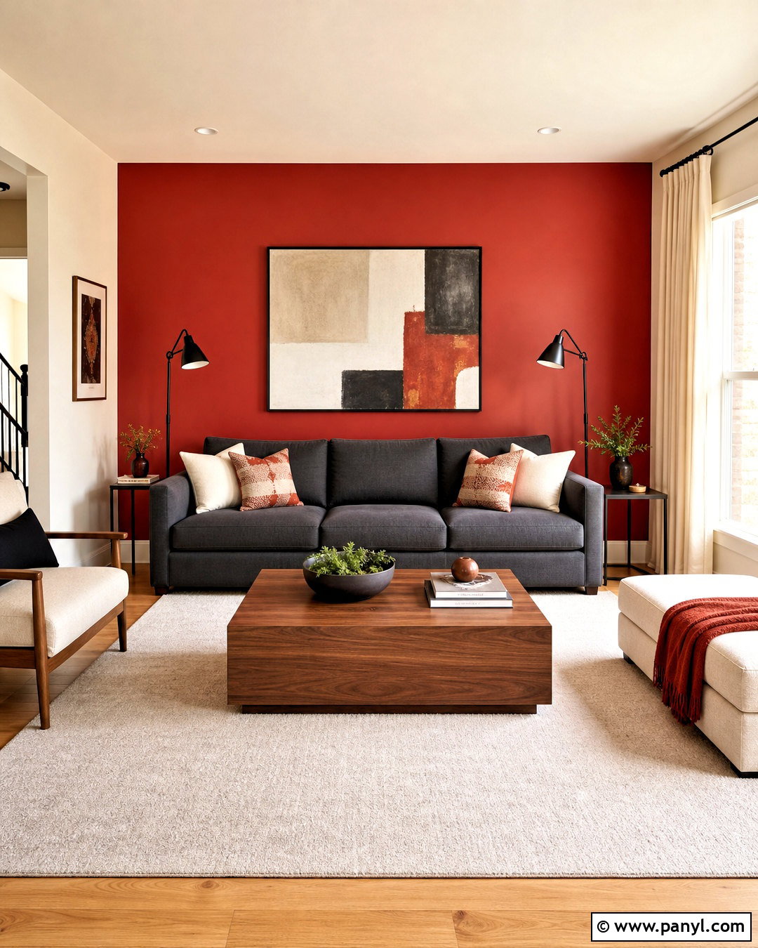 Red Accent Wall With Gray Sofa - 20 red wall living room ideas