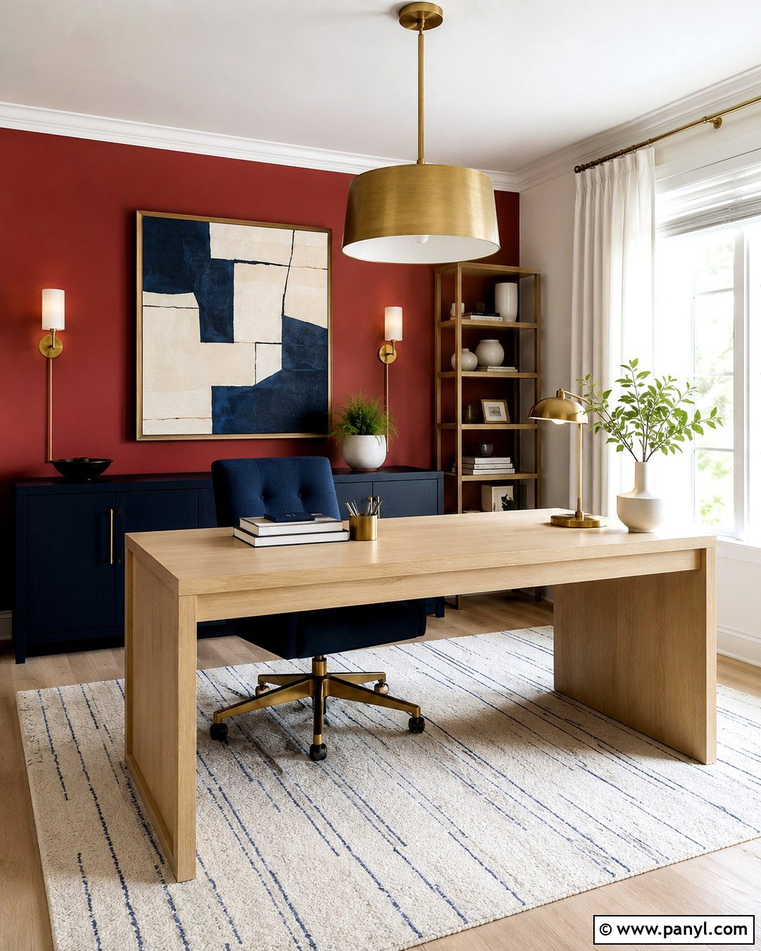 Red Accent Wall With Navy Decor - 20 Red Accent Wall Office Ideas