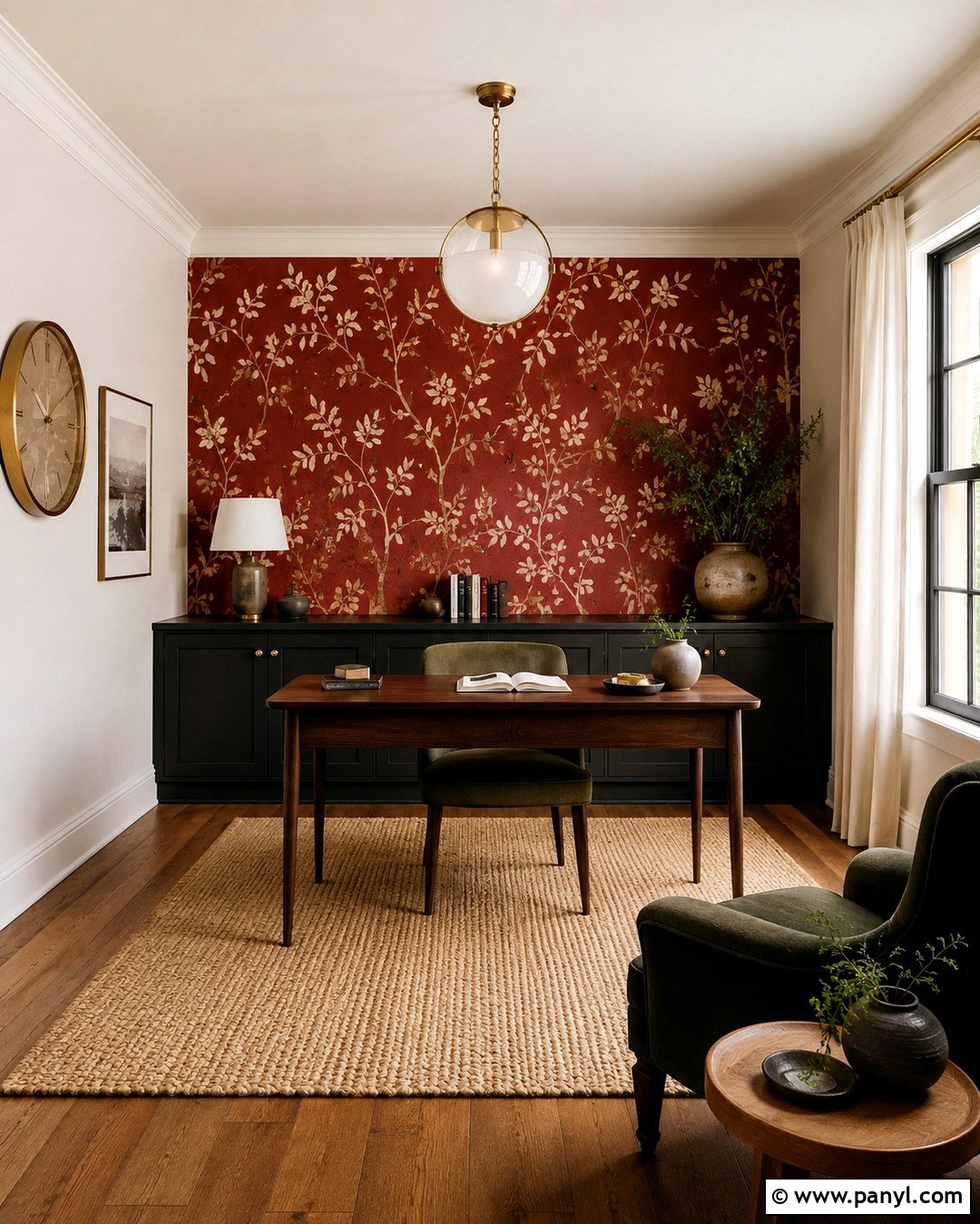 Red Accent Wall With Wallpaper - 20 Red Accent Wall Office Ideas