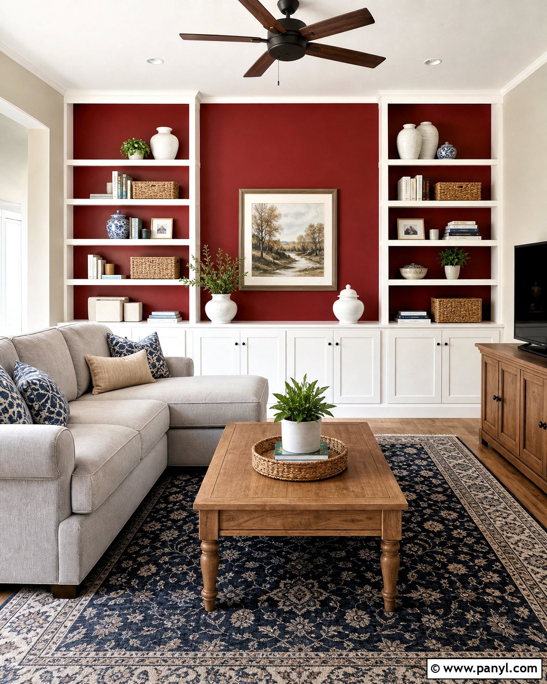 Red Accent Wall With White Built-Ins - 20 red accent wall ideas